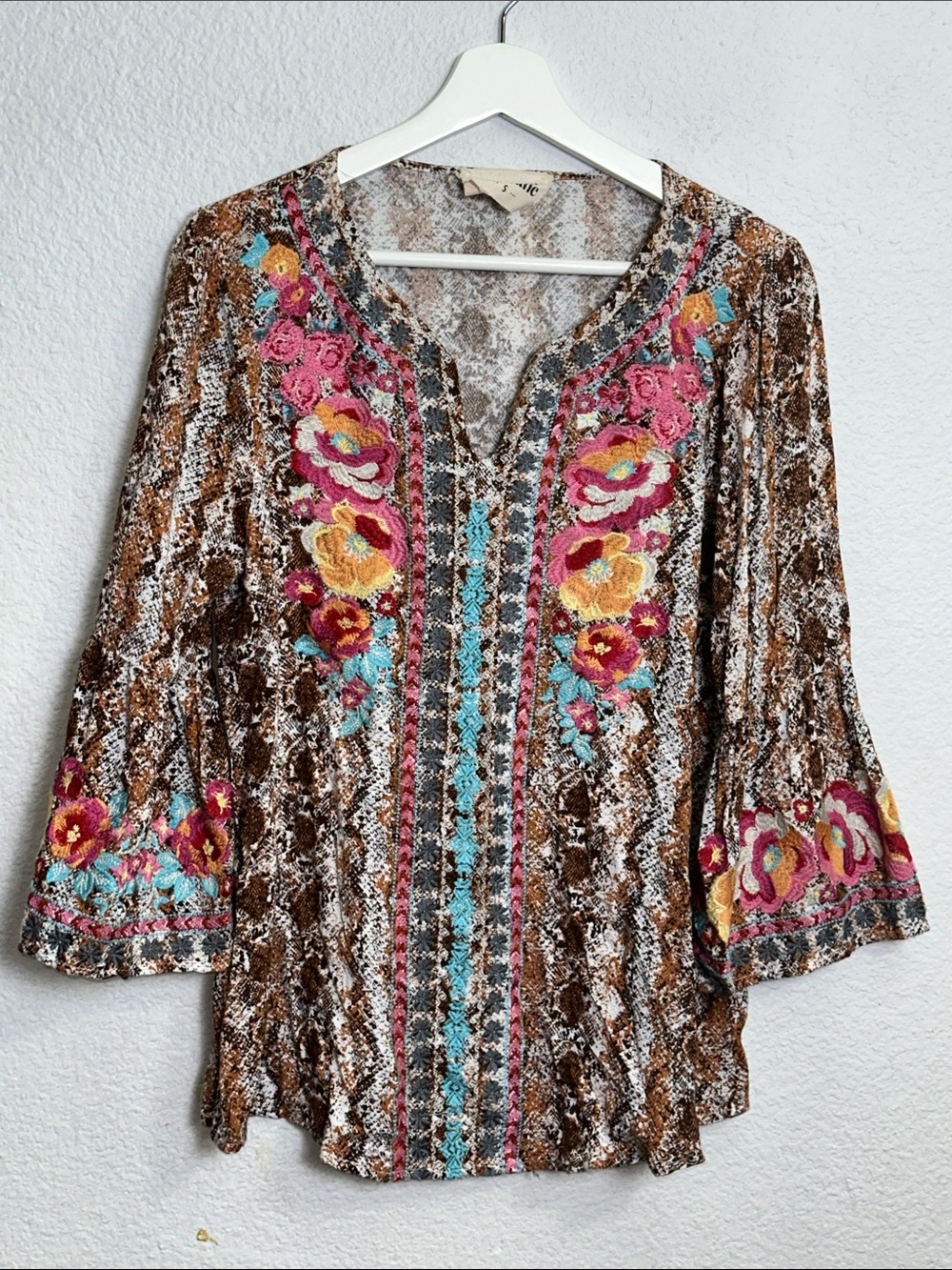 Savanna Jane Embroidered Floral Top Small Boho Festival Peasant Bell Sleeves